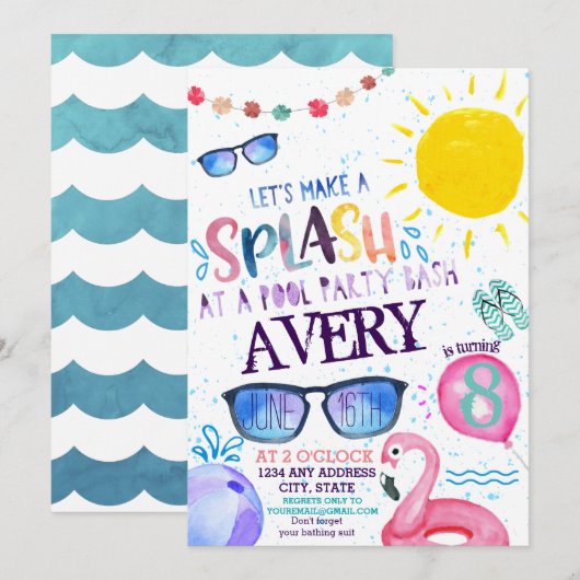 Uitnodiging voor waterverf Pool Party (Voorkant / Achterkant)