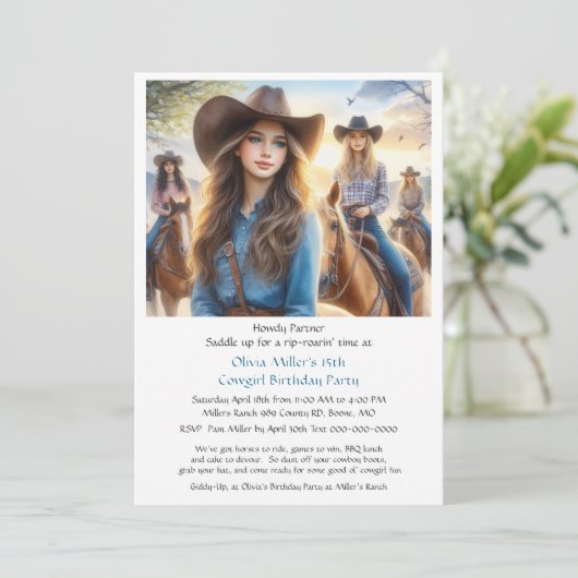 Uitnodiging voor Western Cowgirl 15e verjaardagsfe (Staand voorkant)
