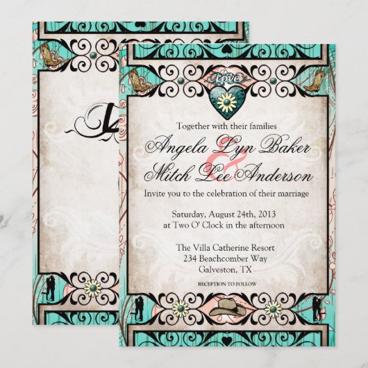 Uitnodiging voor Westerne bruiloft in Rustic Land (Voorkant / Achterkant)