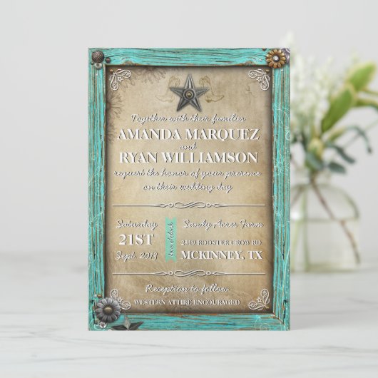 Uitnodiging voor Westerne bruiloft in Rustic Land (Staand voorkant)