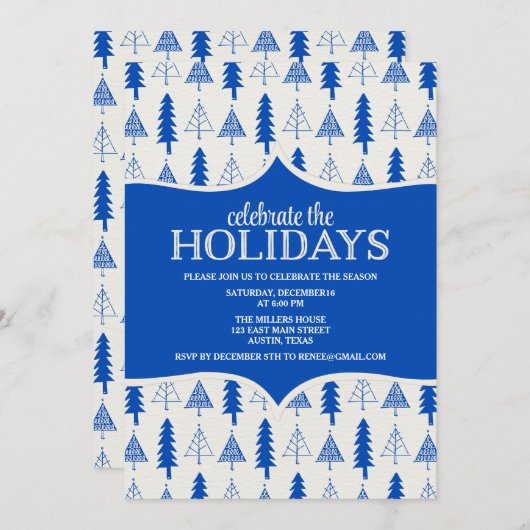 Uitnodiging voor Whimsical Blue Kerstbomen (Voorkant / Achterkant)