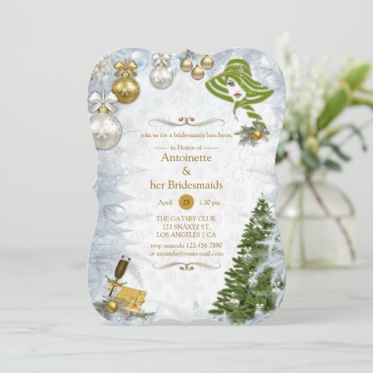 Uitnodiging voor White Kerstmis Bridal Party (Staand voorkant)