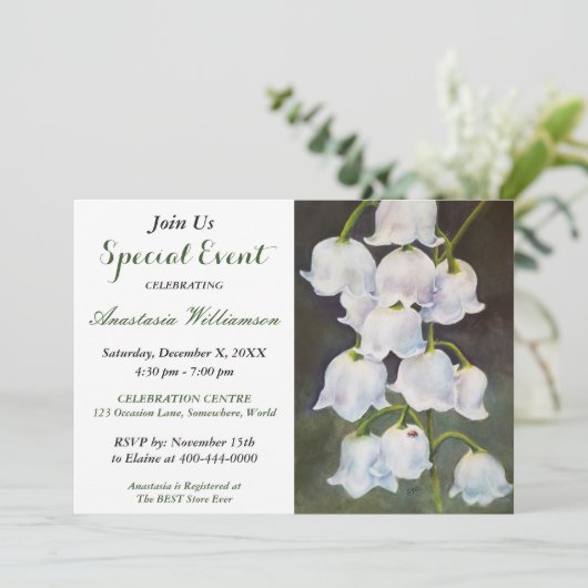 UITNODIGING VOOR WHITE LILY OF THE VALLEY FEestJE (Staand voorkant)