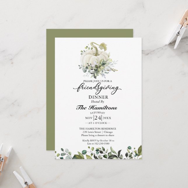 Uitnodiging voor White Pumpkin Friendsgiving Dinne (Voorkant / Achterkant in situ)