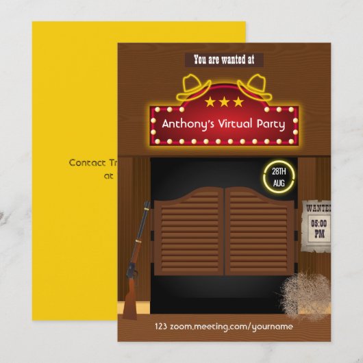 Uitnodiging voor Wild West Cowboy virtueel feest (Voorkant / Achterkant)
