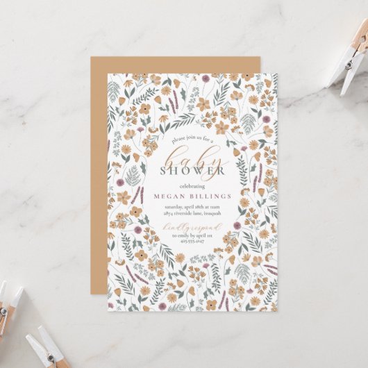 uitnodiging voor wildflower babyshower - licht ora (Voorkant / Achterkant in situ)