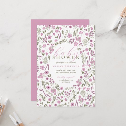 uitnodiging voor wildflower babyshower - paars (Voorkant / Achterkant in situ)