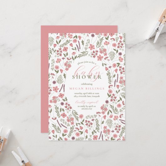 uitnodiging voor wildflower babyshower - roze (Voorkant / Achterkant in situ)