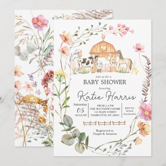 Uitnodiging voor Wildflower Farm Baby Shower (Voorkant / Achterkant)