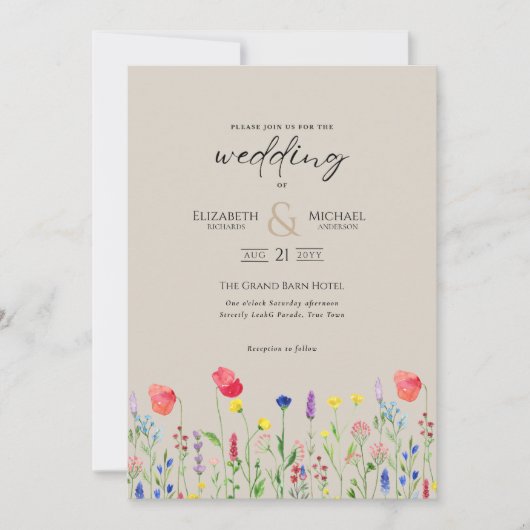 Uitnodiging voor Wildflowers-huwelijk Bloemenprint (Voorkant)