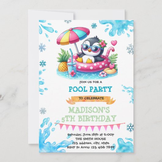 Uitnodiging voor winterzwembad-pinguïnfeest (Voorkant)