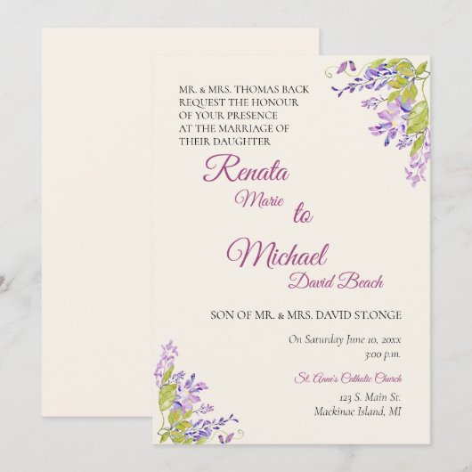 Uitnodiging voor Wisteria Wedding (Voorkant / Achterkant)