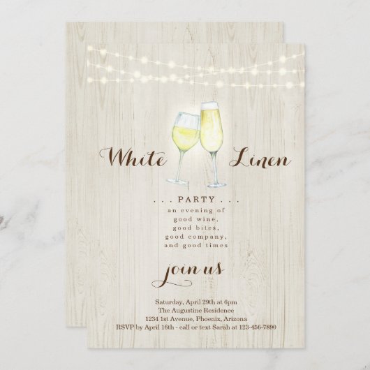 Uitnodiging voor wit linnen nachtfeest (Voorkant / Achterkant)