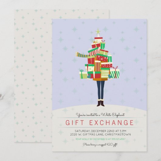 Uitnodiging voor wit olifant cadeau ruil kerstfees (Voorkant / Achterkant)