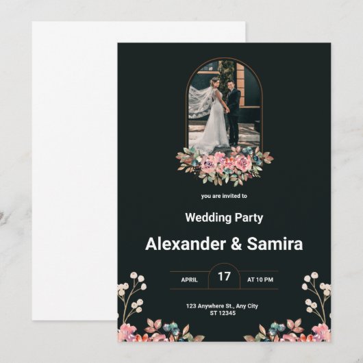 Uitnodiging voor witte en zwarte bruiloft (Voorkant / Achterkant)
