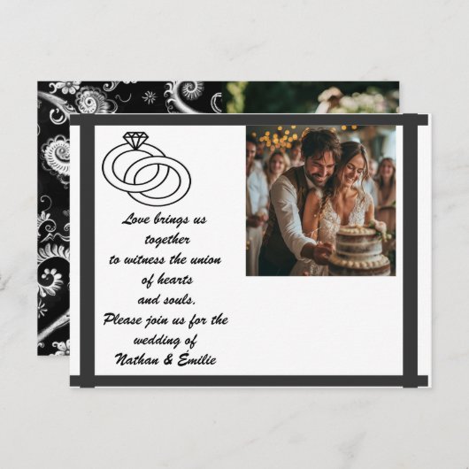 Uitnodiging voor witte en zwarte bruiloft (Voorkant / Achterkant)