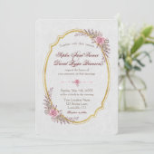 Uitnodiging voor witte trouw met goudkleurig bloem (Staand voorkant)