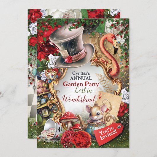 Uitnodiging voor Wonderland Party (Voorkant / Achterkant)