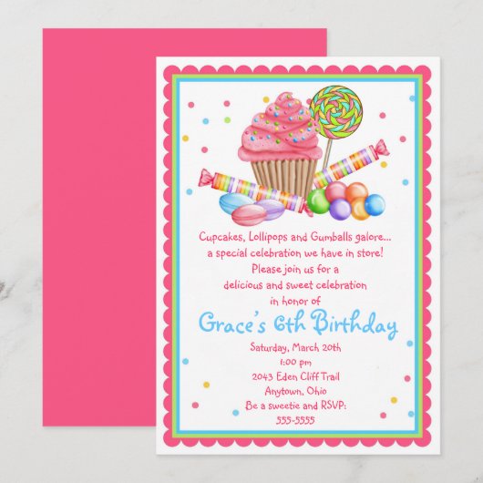 Uitnodiging voor Wonderland Sweet Shop (Voorkant / Achterkant)