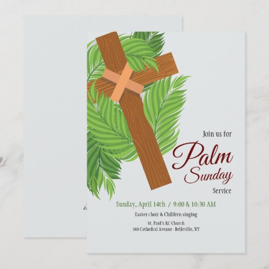 Uitnodiging voor Wooden Cross en Palms (Voorkant / Achterkant)