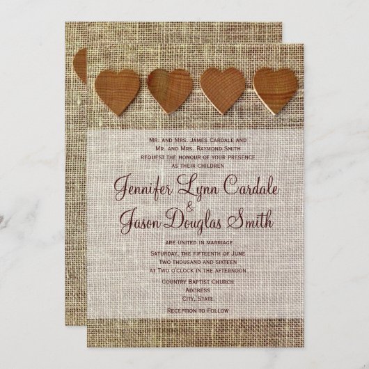 Uitnodiging voor Wooden Hearts Burlap (Voorkant / Achterkant)