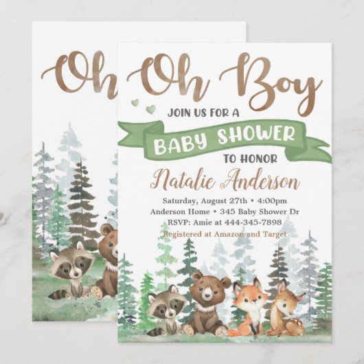 Uitnodiging voor Woodland Animals Baby Shower (Voorkant / Achterkant)