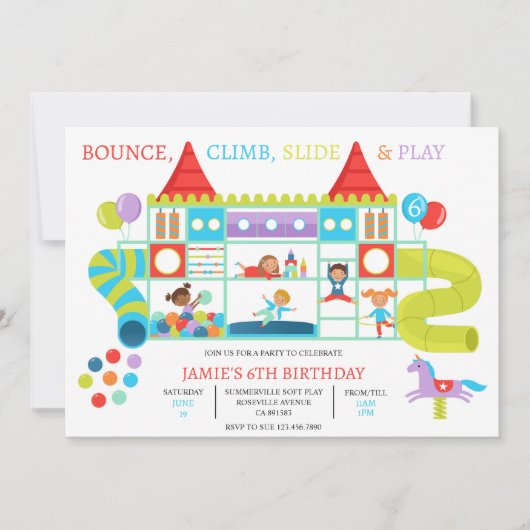 Uitnodiging voor zachte indoor speelhal verjaardag (Voorkant)
