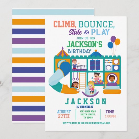 Uitnodiging voor Zachte Play Bounce Birthday Party (Voorkant / Achterkant)