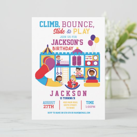 Uitnodiging voor Zachte Play Bounce Birthday Party (Staand voorkant)