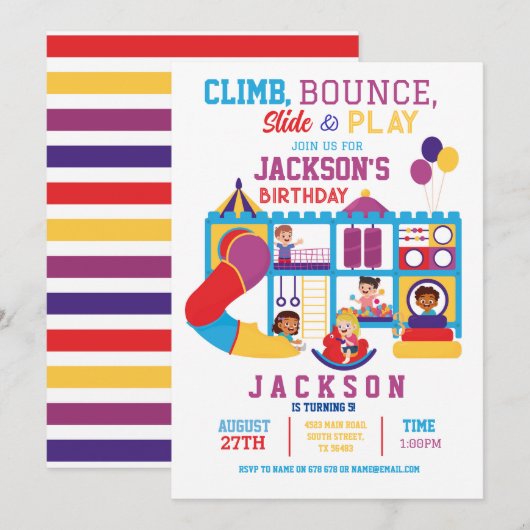 Uitnodiging voor Zachte Play Bounce Birthday Party (Voorkant / Achterkant)