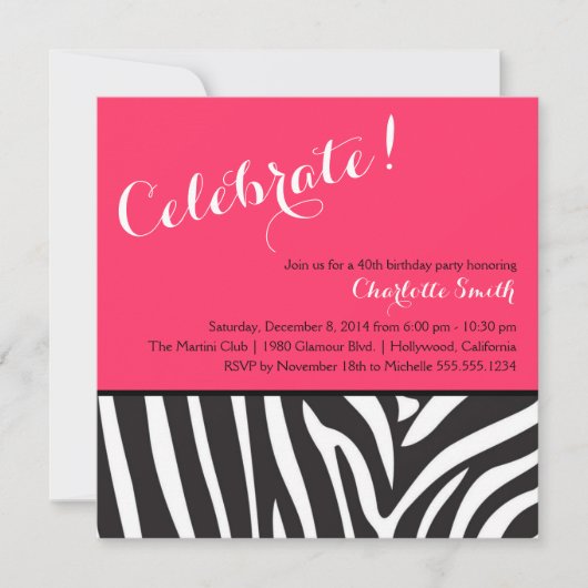 Uitnodiging voor Zebra Print Party (Voorkant)