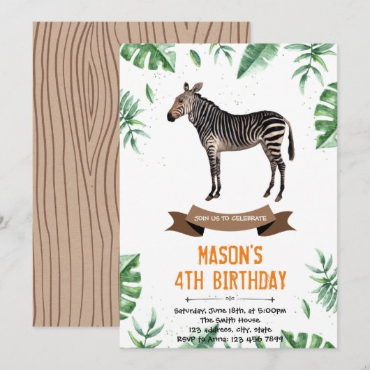 uitnodiging voor zebra-verjaardagsdouche (Voorkant / Achterkant)