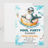 Uitnodiging voor zeehond zwembadfeest (Voorkant / Achterkant)