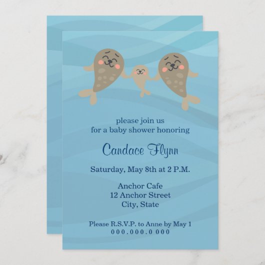 Uitnodiging voor zeehonden babyshower (Voorkant / Achterkant)