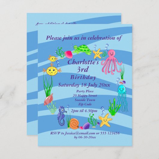 Uitnodiging voor zeelevenfeestje  (Voorkant / Achterkant)