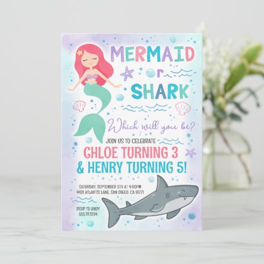 Uitnodiging voor zeemeermin- en haaienverjaardagsf (Staand voorkant)