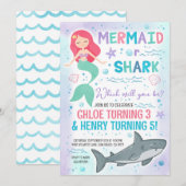 Uitnodiging voor zeemeermin- en haaienverjaardagsf (Voorkant / Achterkant)