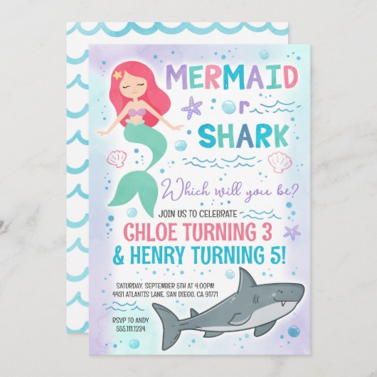 Uitnodiging voor zeemeermin- en haaienverjaardagsf (Voorkant / Achterkant)