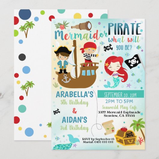 Uitnodiging voor zeemeermin piraat broer en zus jo (Voorkant / Achterkant)