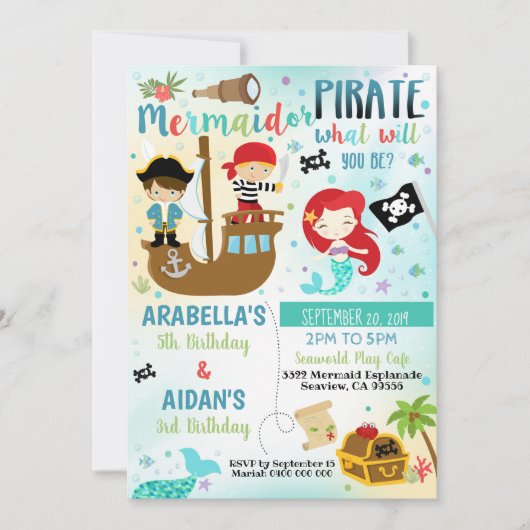 Uitnodiging voor zeemeermin piraat broer zus jonge (Voorkant)