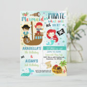 Uitnodiging voor zeemeermin piraat broer zus jonge (Staand voorkant)
