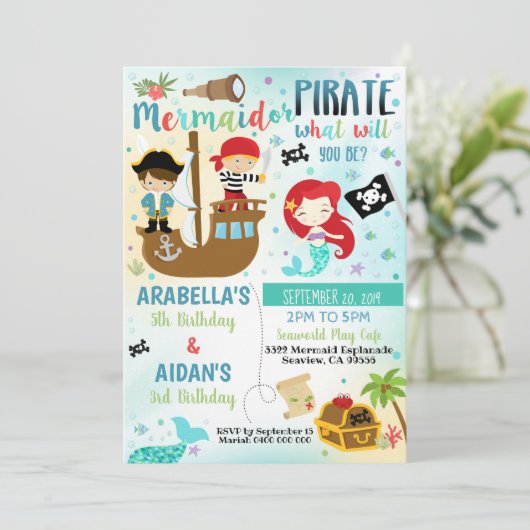 Uitnodiging voor zeemeermin piraat broer zus jonge (Staand voorkant)