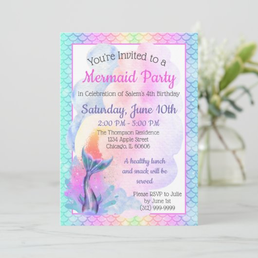 Uitnodiging voor Zeemeermin Regenboog Feest (Staand voorkant)
