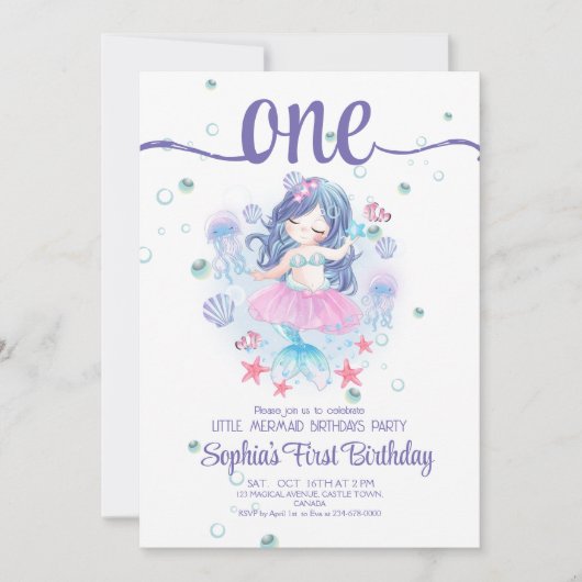 Uitnodiging voor zeemeermin verjaardagsfeest Zeeme (Voorkant)