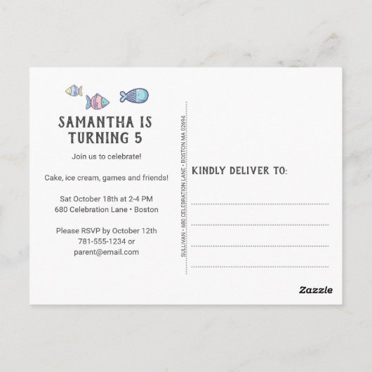 Uitnodiging voor zeemeermin verjaardagsfeestje (Achterkant)