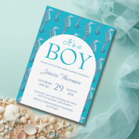 Uitnodiging voor zeepaardje babyshower jongen ocea