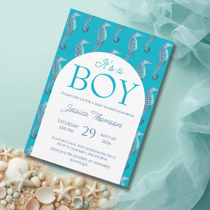 Uitnodiging voor zeepaardje babyshower jongen ocea