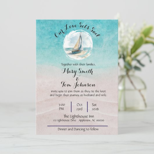Uitnodiging voor zeilbruiloft (Staand voorkant)