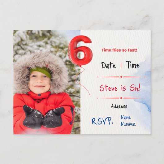 Uitnodiging voor zesde verjaardag van de jongen briefkaart (Voorkant)