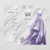 Uitnodiging voor zilver paarse jurk Sweet 16 op ee (Voorkant / Achterkant)
